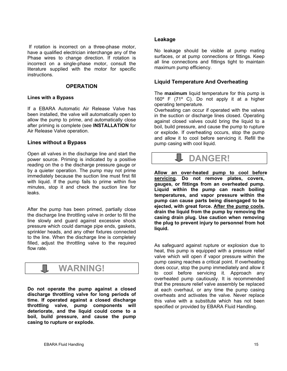 Warning, Danger | EBARA EFQT8 User Manual | Page 16 / 37