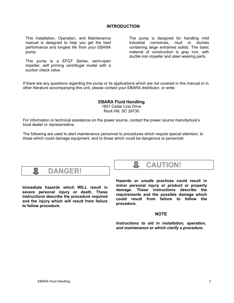 Danger, Caution | EBARA EFQT8 User Manual | Page 4 / 37