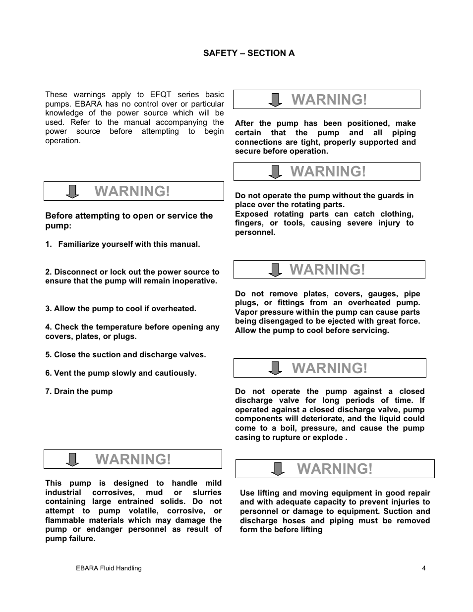 Warning | EBARA EFQT8 User Manual | Page 5 / 37