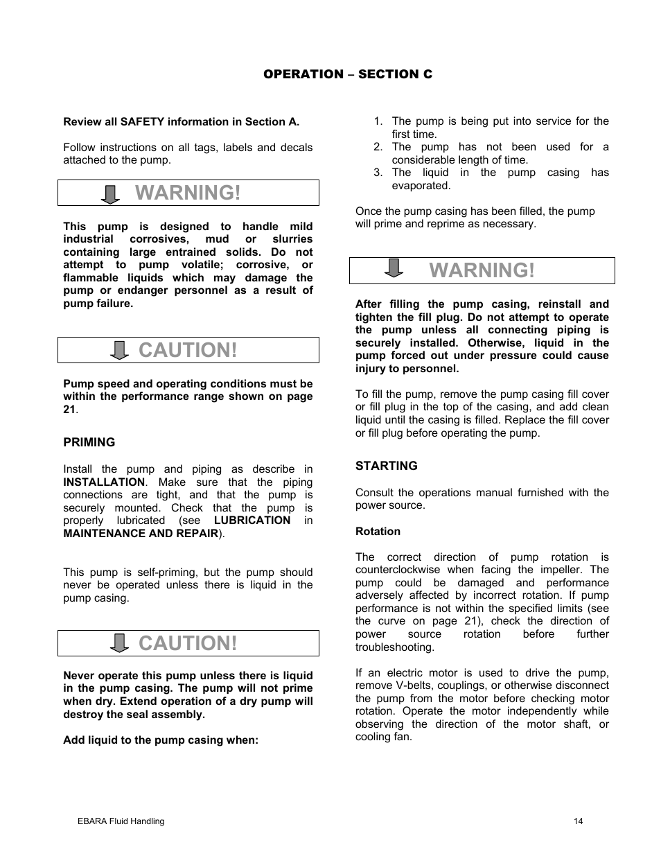 Warning, Caution | EBARA EFQT10 User Manual | Page 15 / 37