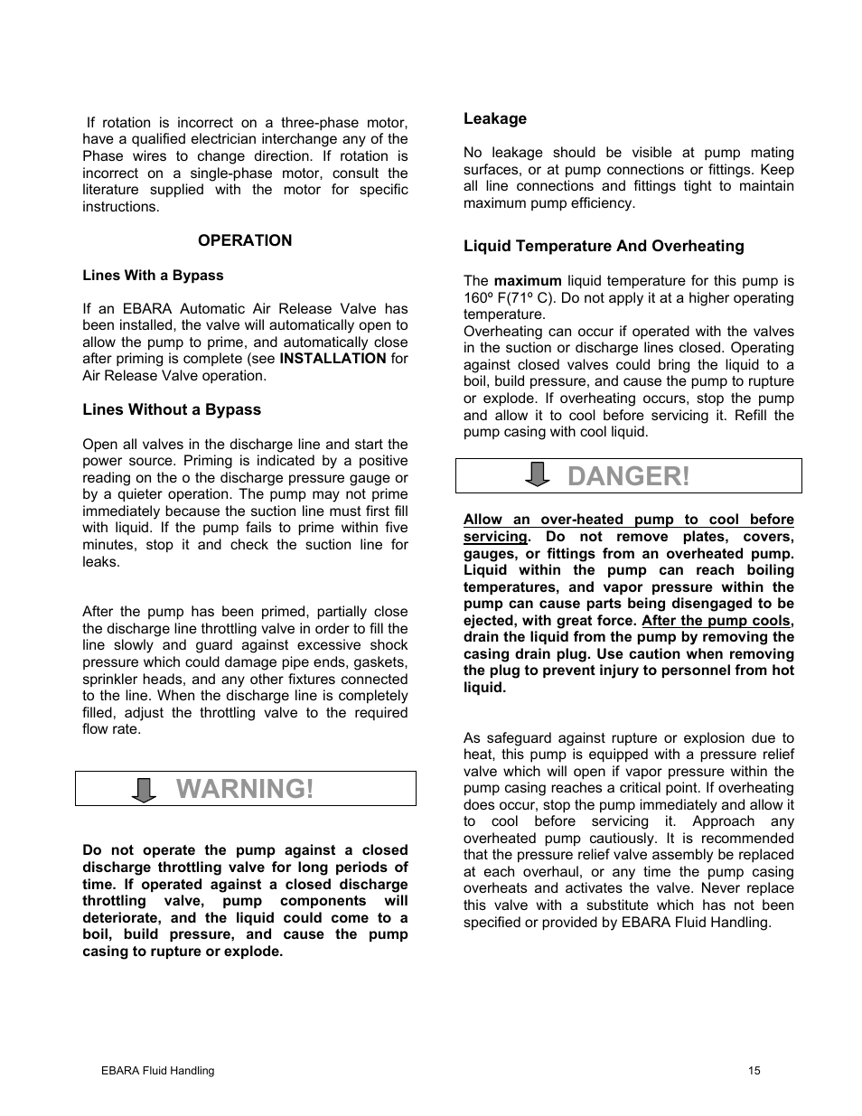 Warning, Danger | EBARA EFQT10 User Manual | Page 16 / 37