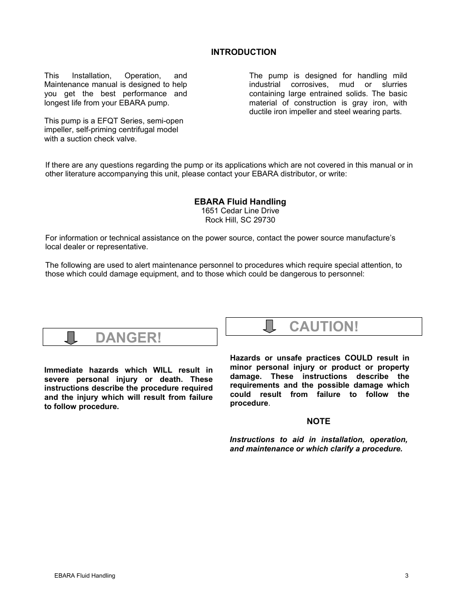 Danger, Caution | EBARA EFQT10 User Manual | Page 4 / 37