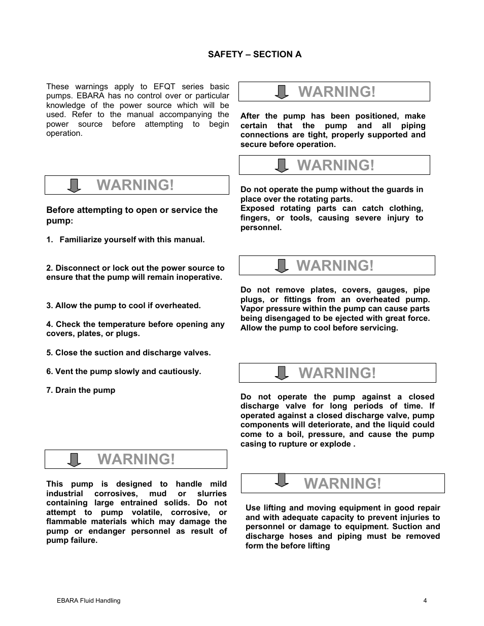 Warning | EBARA EFQT10 User Manual | Page 5 / 37