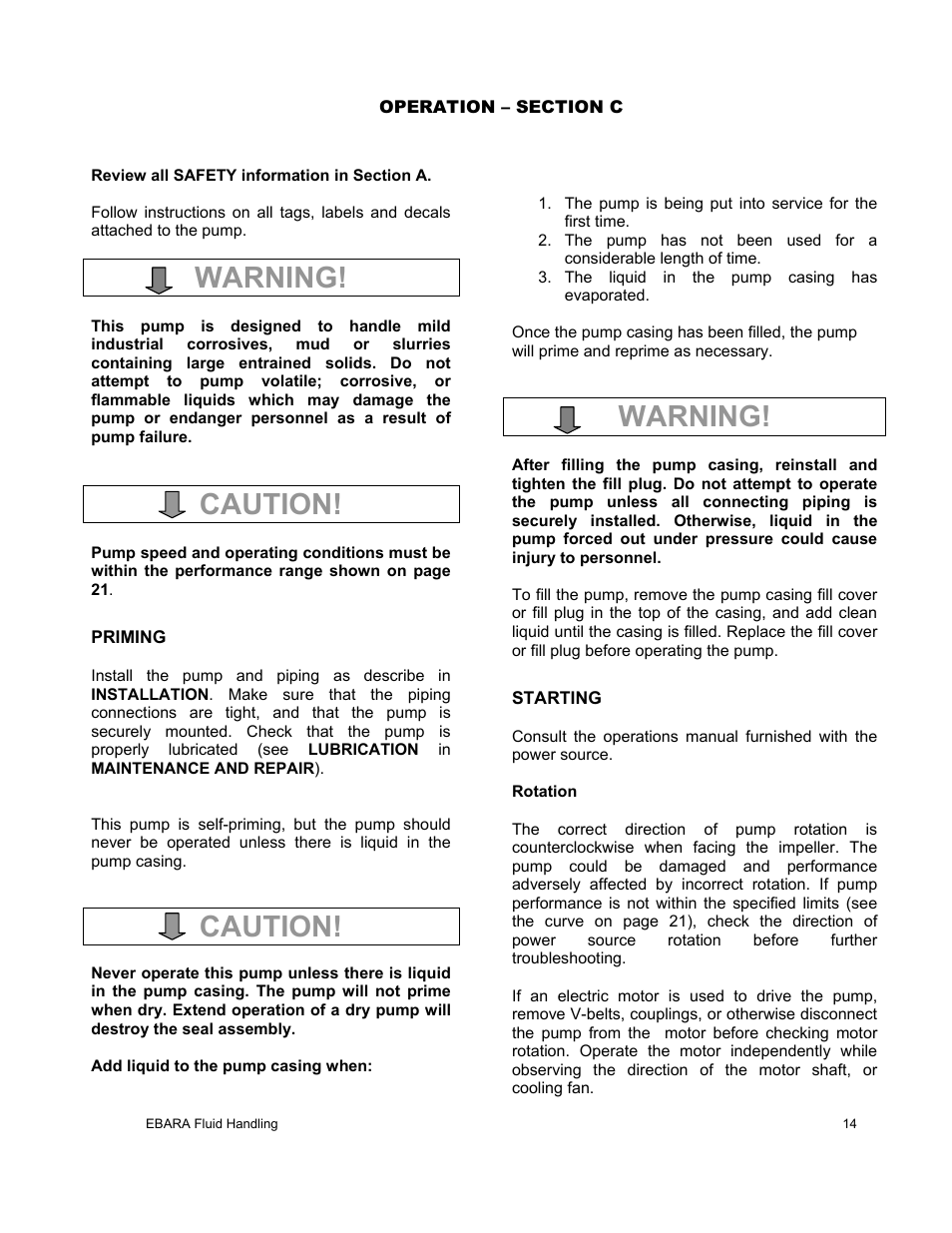 Warning, Caution | EBARA EFQT12 User Manual | Page 15 / 32