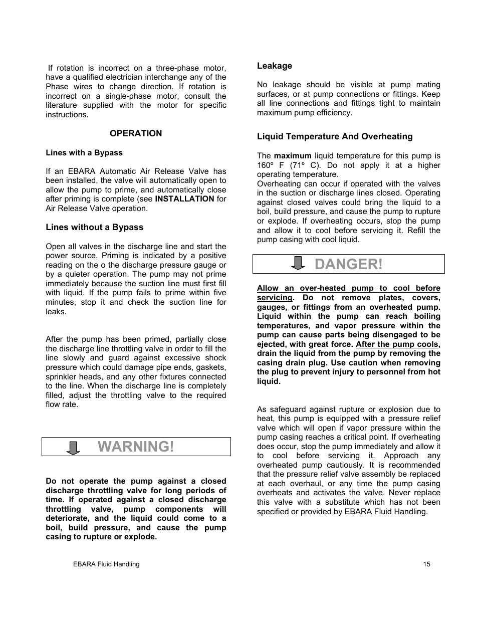 Warning, Danger | EBARA EFQT12 User Manual | Page 16 / 32