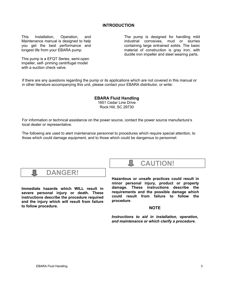 Danger, Caution | EBARA EFQT12 User Manual | Page 4 / 32