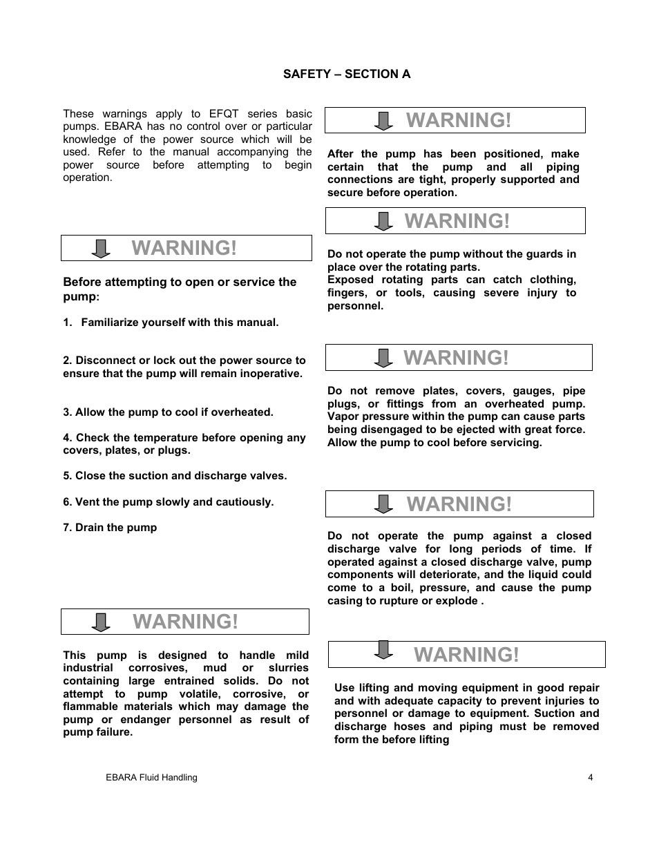 Warning | EBARA EFQT12 User Manual | Page 5 / 32