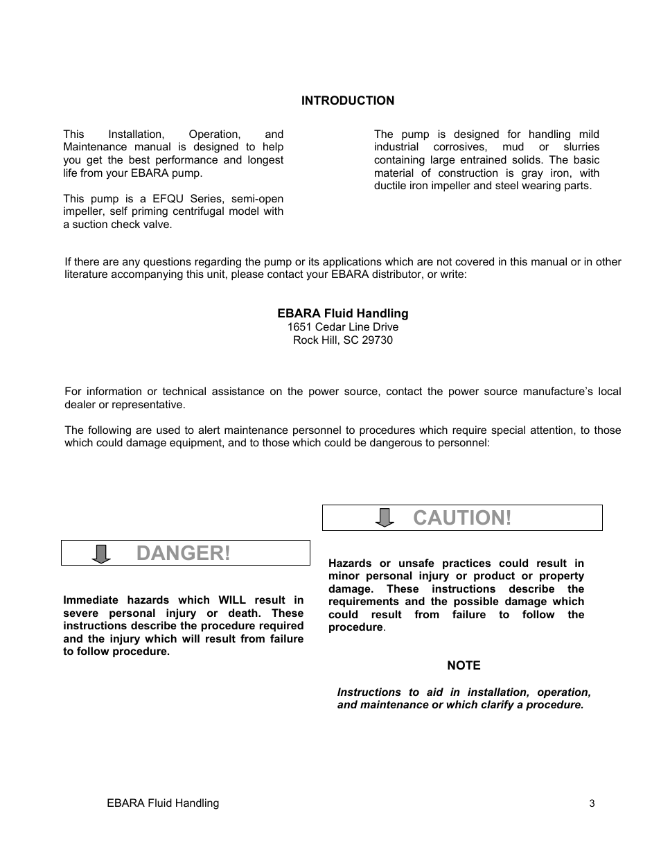 Danger, Caution | EBARA EFQU4 User Manual | Page 4 / 36