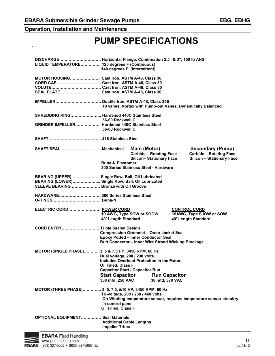 Pump specifications | EBARA EBHG User Manual | Page 11 / 32