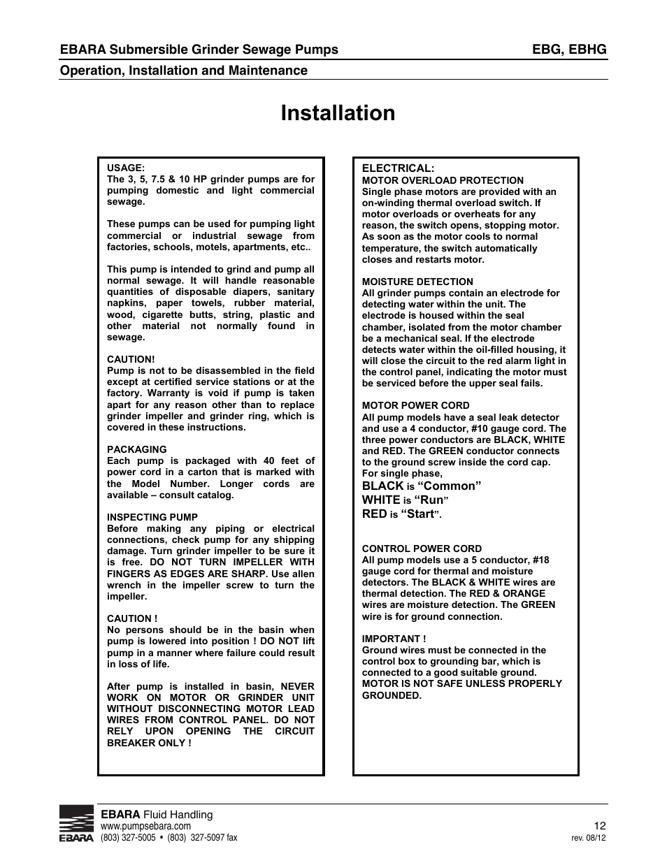 Installation | EBARA EBHG User Manual | Page 12 / 32