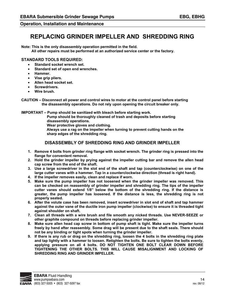 Replacing grinder impeller and shredding ring, Ebg, ebhg | EBARA EBHG User Manual | Page 14 / 32