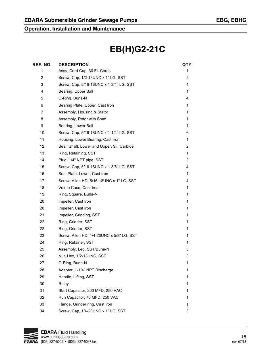 Eb(h)g2-21c, Ebg, ebhg, Ebara submersible grinder sewage pumps | Operation, installation and maintenance, Effective jan. 2013 | EBARA EBHG User Manual | Page 18 / 32