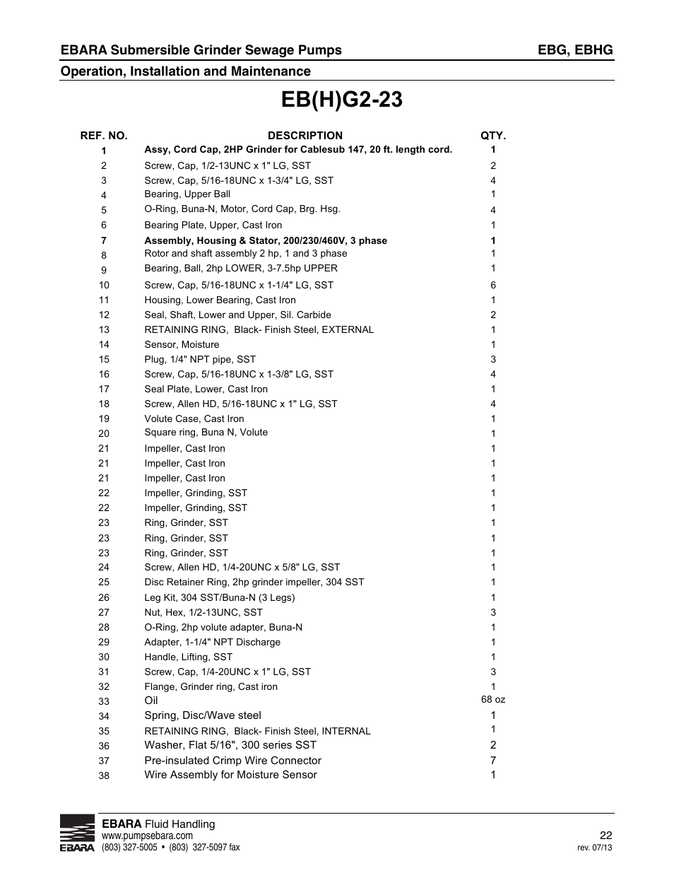 Eb(h)g2-23, Ebg, ebhg, Ebara submersible grinder sewage pumps | Operation, installation and maintenance, Effective jan. 2013 | EBARA EBHG User Manual | Page 22 / 32