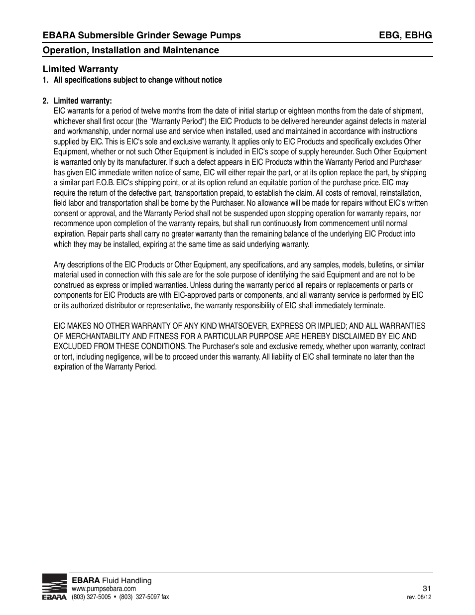 EBARA EBHG User Manual | Page 31 / 32