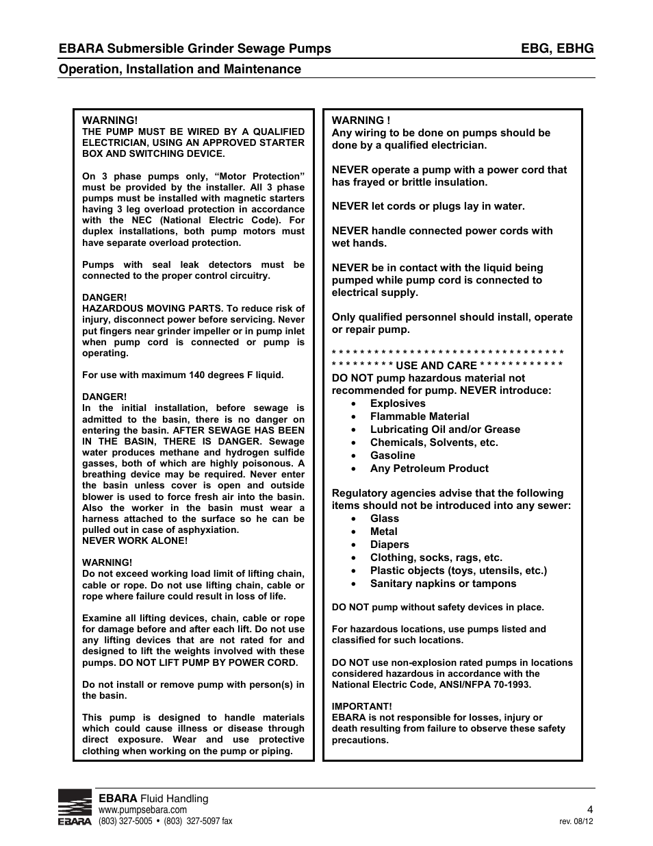 Specifications, Ebg, ebhg | EBARA EBHG User Manual | Page 4 / 32