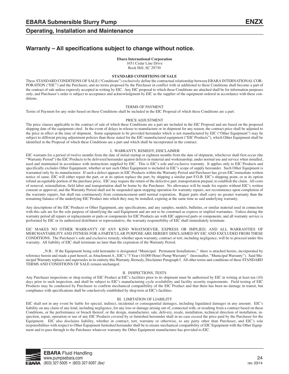 Warranty, Enzx, Ebara submersible slurry pump | EBARA ENZX User Manual | Page 24 / 26