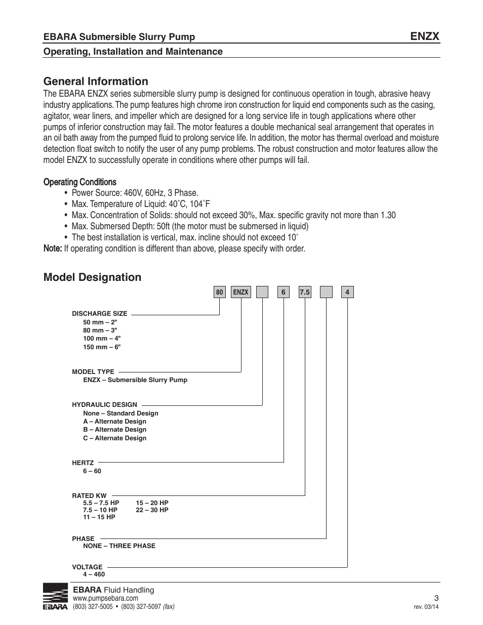 Oil specs, General information, Model designation | Enzx, Ebara submersible slurry pump, Operating, installation and maintenance | EBARA ENZX User Manual | Page 3 / 26