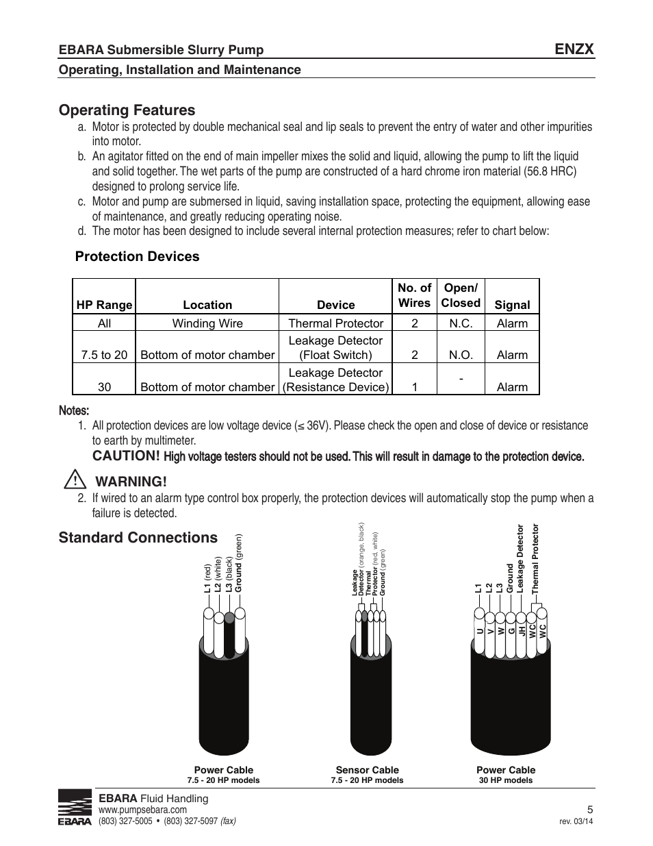 Operating features, Protection devices, Standard connections | Enzx, Caution, Warning, Ebara submersible slurry pump, Operating, installation and maintenance | EBARA ENZX User Manual | Page 5 / 26