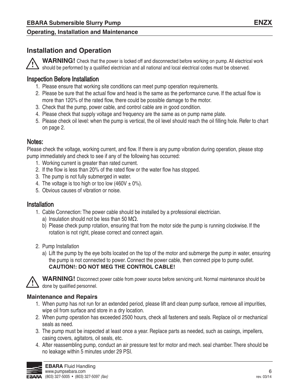 Installation and operation, Maintenance and repairs | EBARA ENZX User Manual | Page 6 / 26