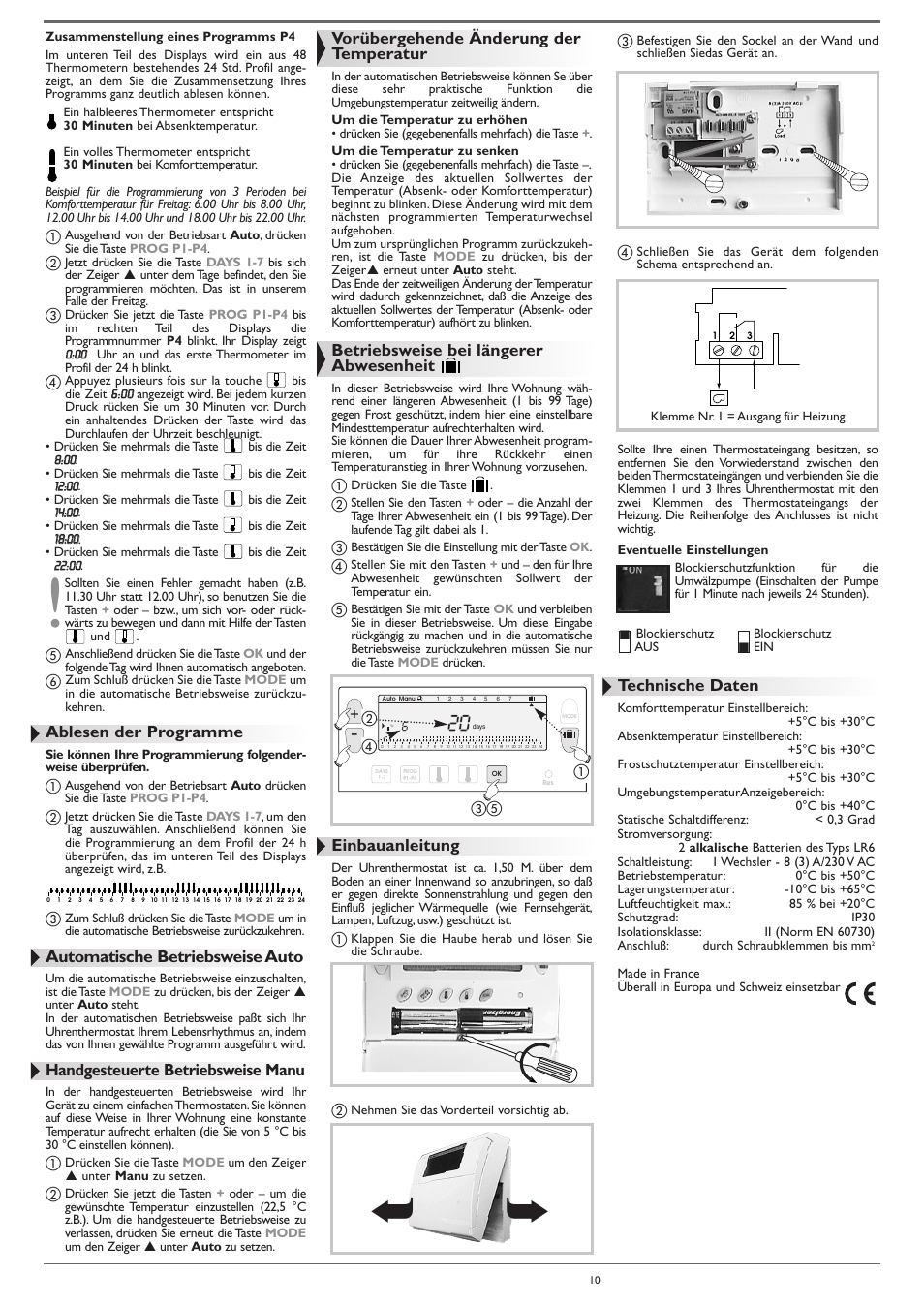 Ablesen der programme, Automatische betriebsweise auto, Handgesteuerte betriebsweise manu | Vorübergehende änderung der temperatur, Betriebsweise bei längerer abwesenheit, Einbauanleitung, Technische daten | DE DIETRICH AD248 thermostat User Manual | Page 10 / 20