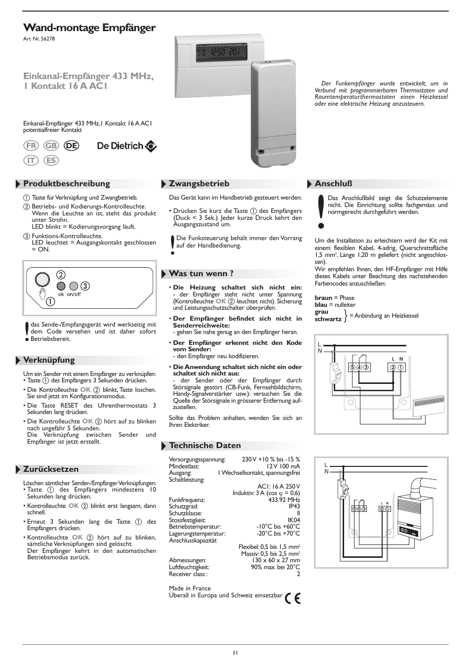 Wand-montage empfänger | DE DIETRICH AD248 thermostat User Manual | Page 11 / 20