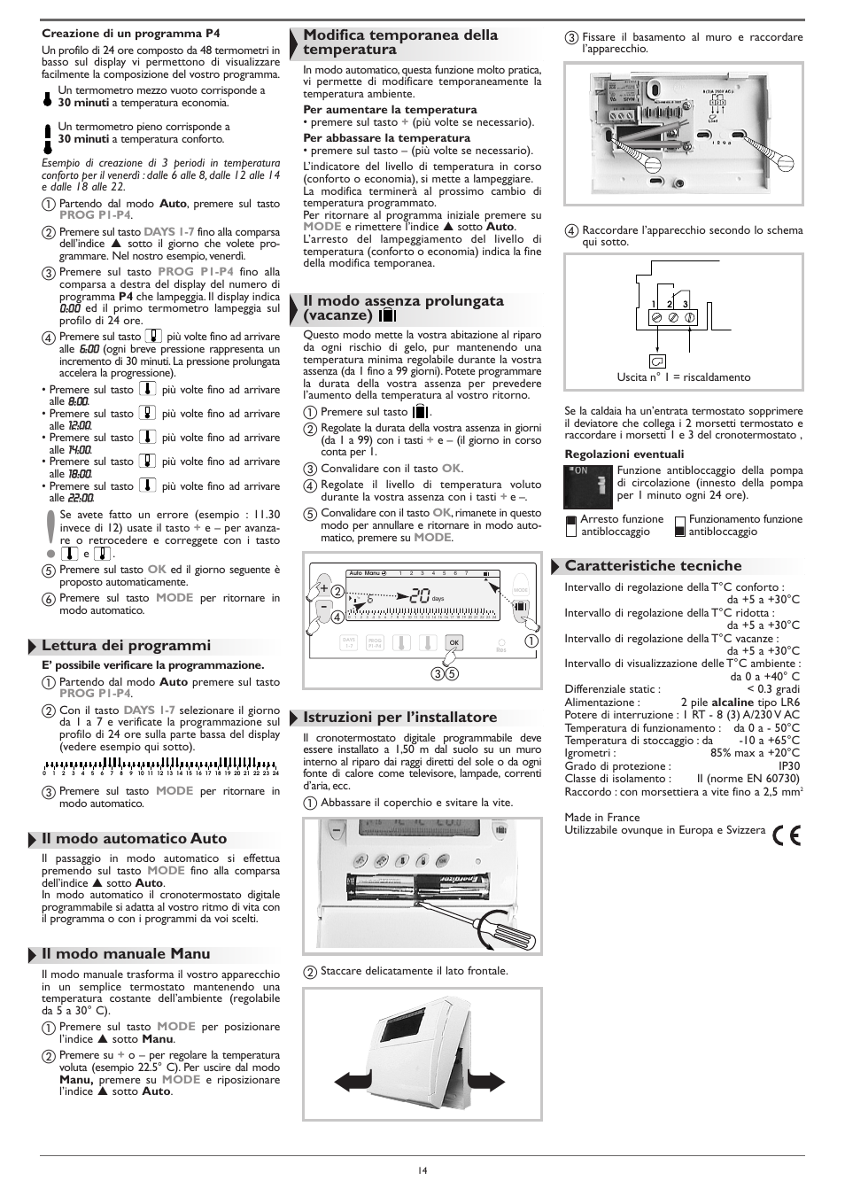 Lettura dei programmi, Il modo automatico auto, Il modo manuale manu | Modifica temporanea della temperatura, Il modo assenza prolungata (vacanze), Istruzioni per l’installatore, Caratteristiche tecniche | DE DIETRICH AD248 thermostat User Manual | Page 14 / 20