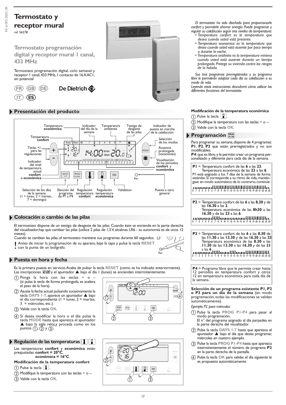 Termostato y receptor mural, Colocación o cambio de las pilas, Puesta en hora y fecha | Regulación de las temperaturas, Programación, Presentación del producto, Fr gb de it es, ቢባ ቤ ብ | DE DIETRICH AD248 thermostat User Manual | Page 17 / 20
