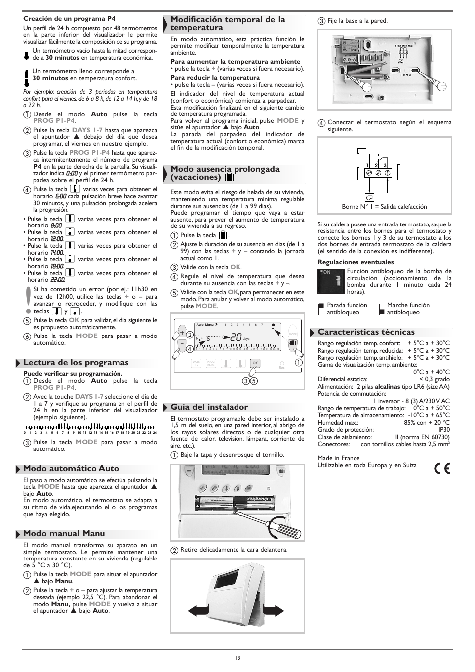Lectura de los programas, Modo automático auto, Modo manual manu | Modificación temporal de la temperatura, Modo ausencia prolongada (vacaciones), Guía del instalador, Características técnicas | DE DIETRICH AD248 thermostat User Manual | Page 18 / 20
