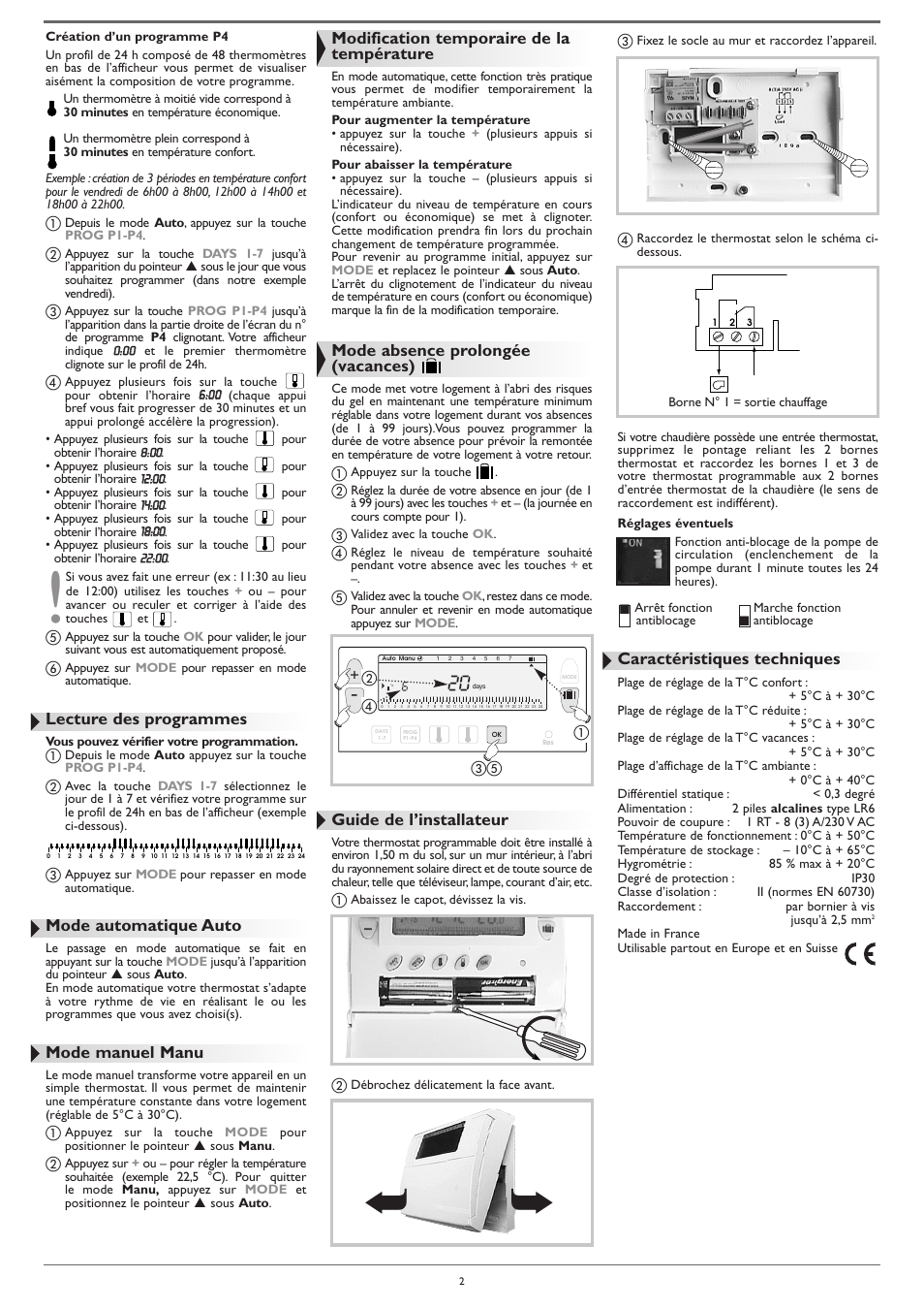 Lecture des programmes, Mode automatique auto, Mode manuel manu | Modification temporaire de la température, Mode absence prolongée (vacances), Guide de l’installateur, Caractéristiques techniques | DE DIETRICH AD248 thermostat User Manual | Page 2 / 20