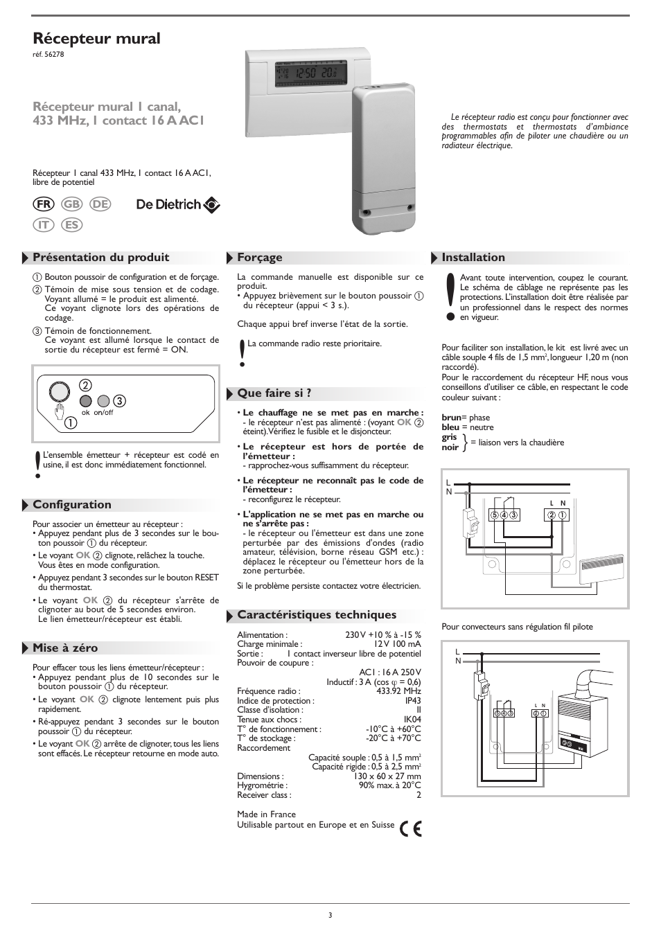 ɕɕ ɕ ɕ ɕ, Récepteur mural | DE DIETRICH AD248 thermostat User Manual | Page 3 / 20