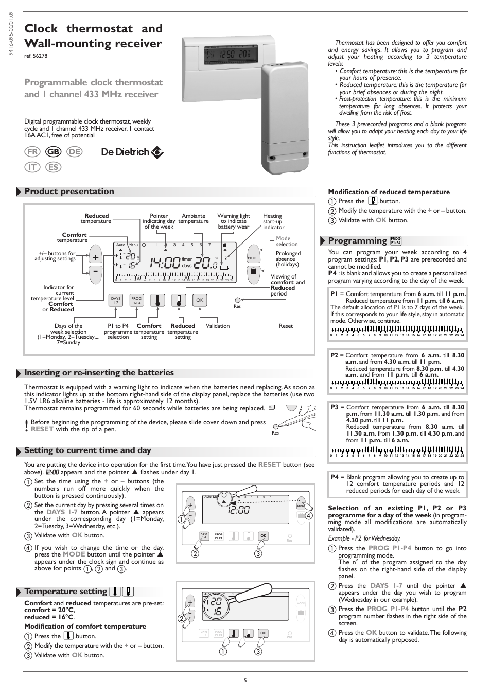 ɕɕ ɕ, Clock thermostat and wall-mounting receiver, Inserting or re-inserting the batteries | Setting to current time and day, Temperature setting, Programming, Product presentation, Fr gb de it es, ቢባ ቤ ብ | DE DIETRICH AD248 thermostat User Manual | Page 5 / 20