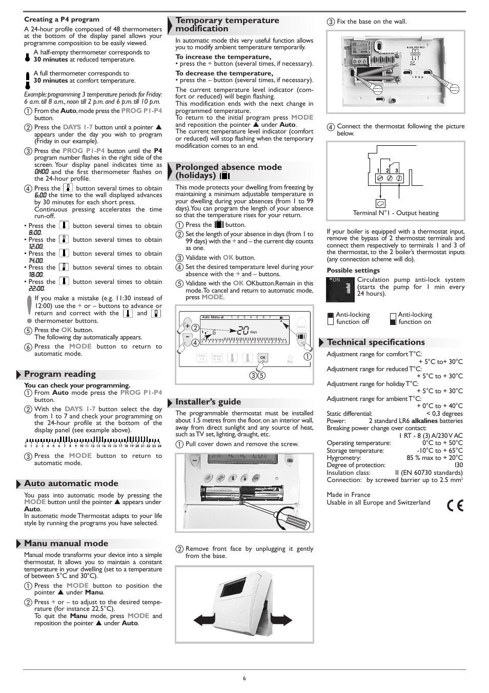 Program reading, Auto automatic mode, Manu manual mode | Temporary temperature modification, Prolonged absence mode (holidays), Installer’s guide, Technical specifications | DE DIETRICH AD248 thermostat User Manual | Page 6 / 20