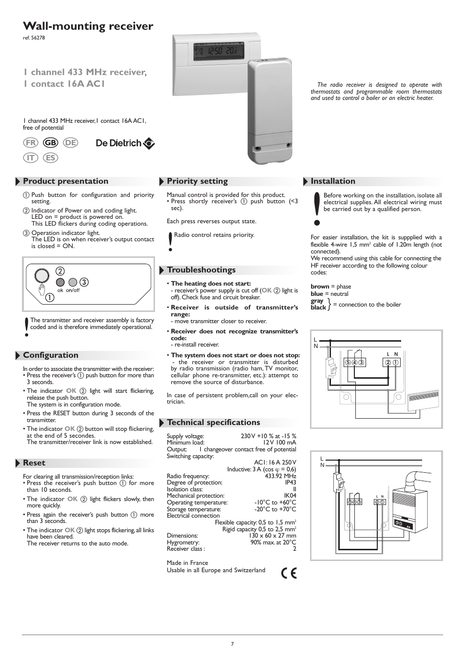 ɕɕ ɕ, Wall-mounting receiver | DE DIETRICH AD248 thermostat User Manual | Page 7 / 20