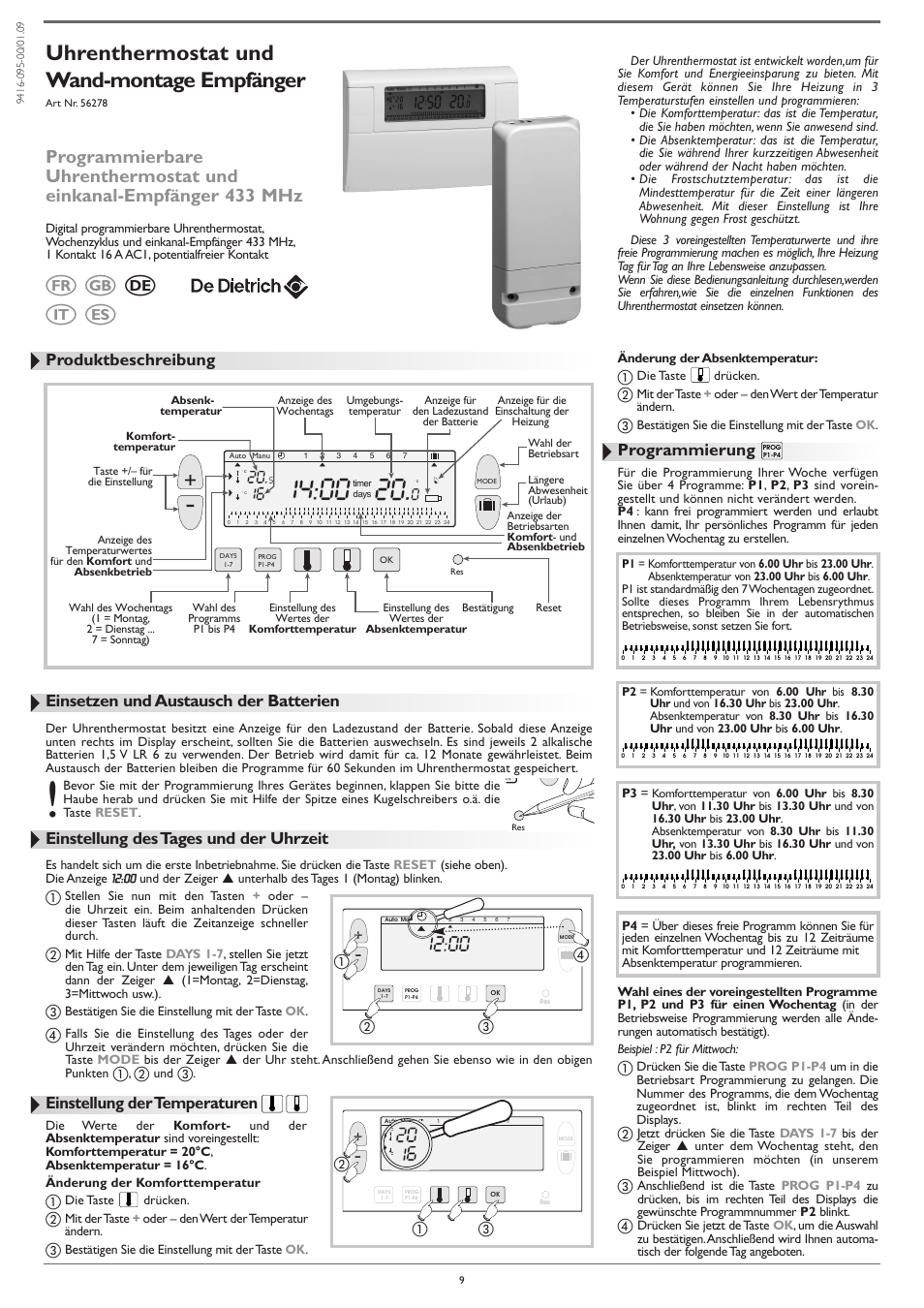 Uhrenthermostat und wand-montage empfänger, Einsetzen und austausch der batterien, Einstellung des tages und der uhrzeit | Einstellung der temperaturen, Programmierung, Produktbeschreibung, Fr gb de it es, ቢባ ቤ ብ | DE DIETRICH AD248 thermostat User Manual | Page 9 / 20