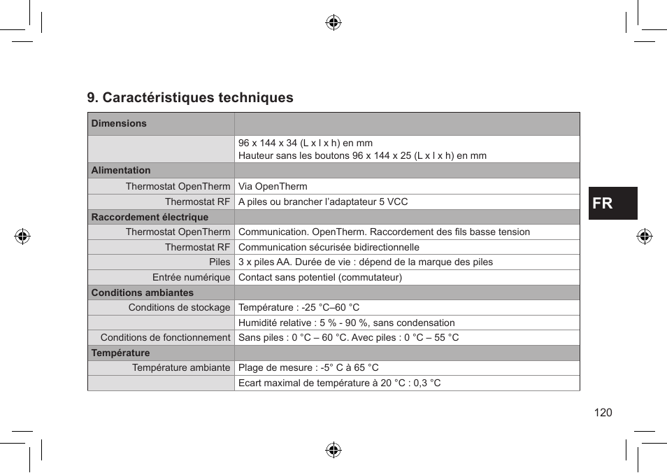 Caractéristiques techniques | DE DIETRICH Thermostat modulant d’ambiance User Manual | Page 120 / 168