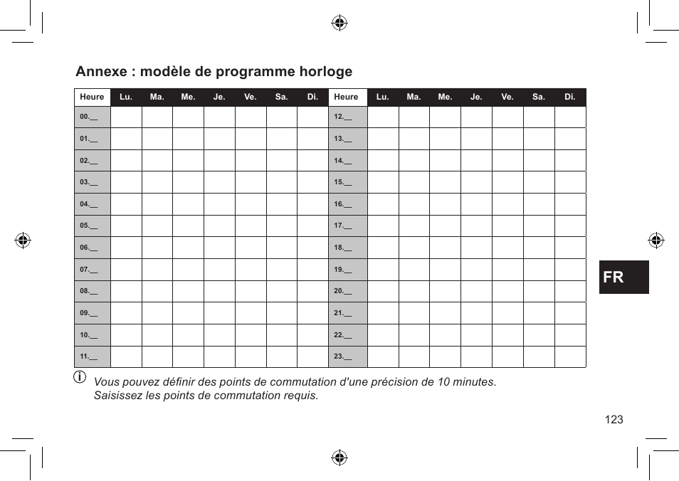 Annexe : modèle de programme horloge | DE DIETRICH Thermostat modulant d’ambiance User Manual | Page 123 / 168