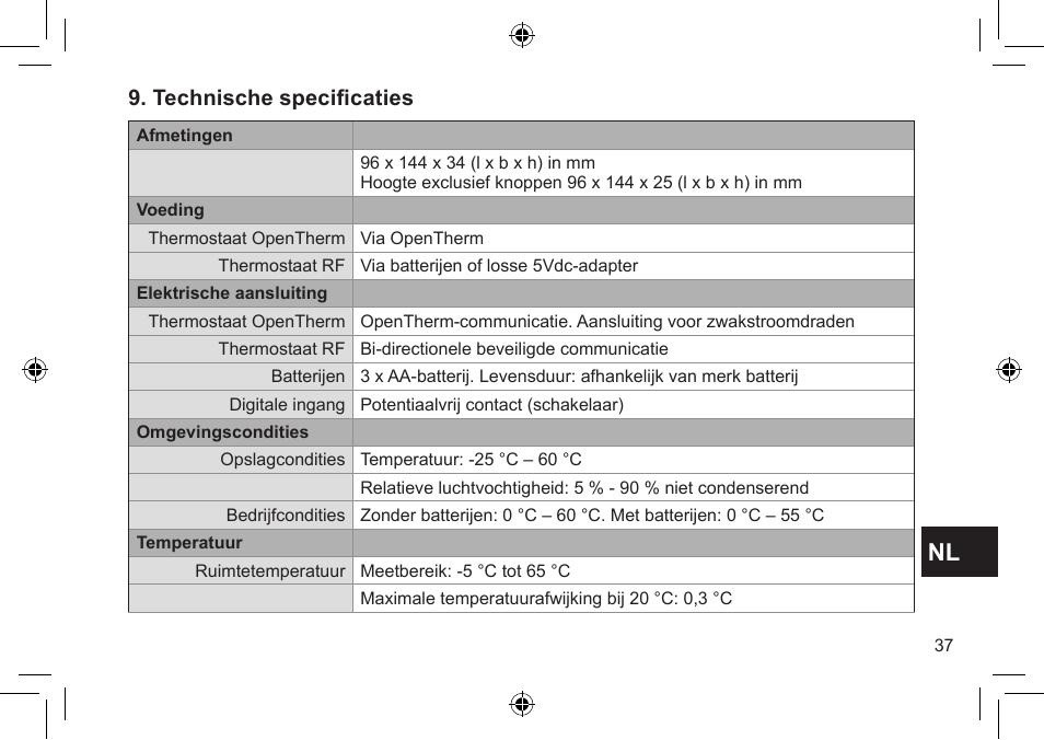 Technische specificaties | DE DIETRICH Thermostat modulant d’ambiance User Manual | Page 37 / 168