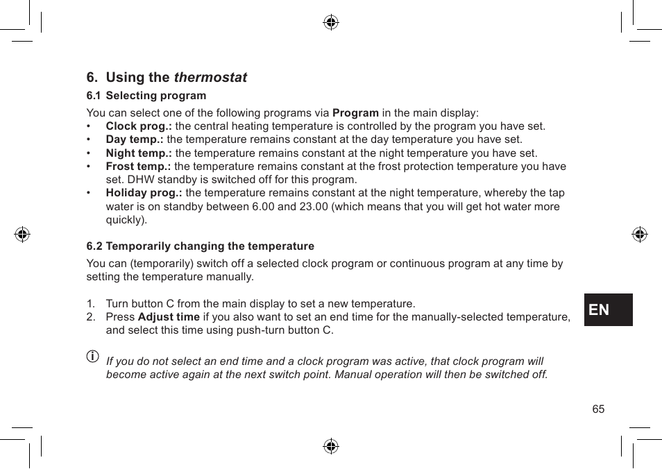 Using the thermostat | DE DIETRICH Thermostat modulant d’ambiance User Manual | Page 65 / 168