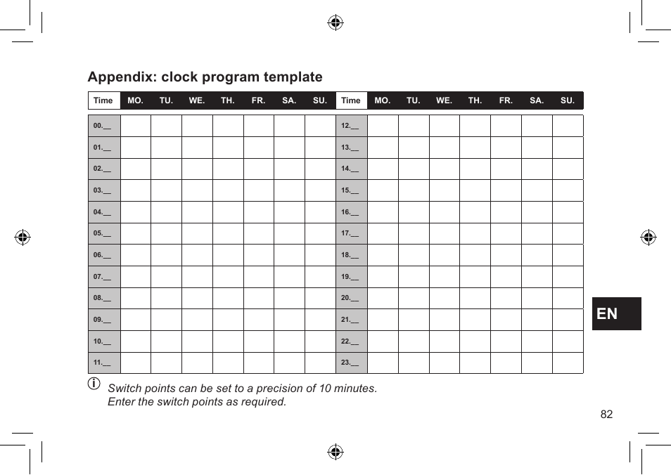 Appendix: clock program template | DE DIETRICH Thermostat modulant d’ambiance User Manual | Page 82 / 168