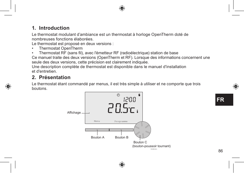 Introduction, Présentation | DE DIETRICH Thermostat modulant d’ambiance User Manual | Page 86 / 168