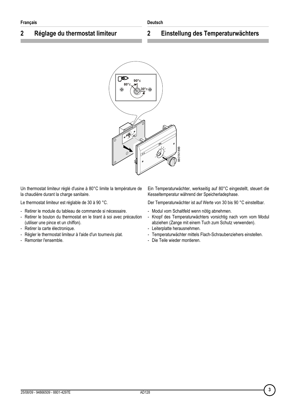 2réglage du thermostat limiteur, 2einstellung des temperaturwächters, Français | Deutsch | DE DIETRICH МВ 2 User Manual | Page 3 / 24