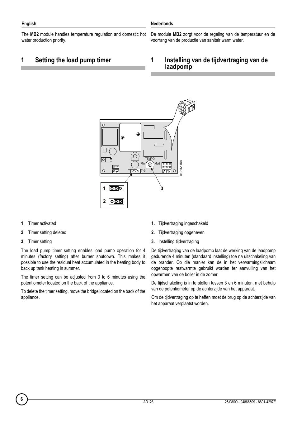 1setting the load pump timer, 1instelling van de tijdvertraging van de laadpomp | DE DIETRICH МВ 2 User Manual | Page 6 / 24