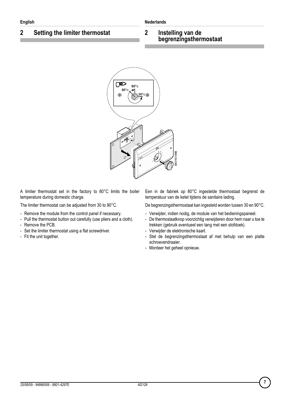 2setting the limiter thermostat, 2instelling van de begrenzingsthermostaat, English | Nederlands | DE DIETRICH МВ 2 User Manual | Page 7 / 24