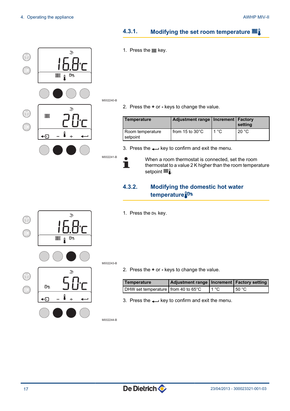 Modifying the set room temperature dh, Modifying the domestic hot water, Temperaturehr | Modifying the set room temperature d h, Modifying the domestic hot water temperature hr | DE DIETRICH ALEZIO AWHP MIV-II User Manual | Page 18 / 32