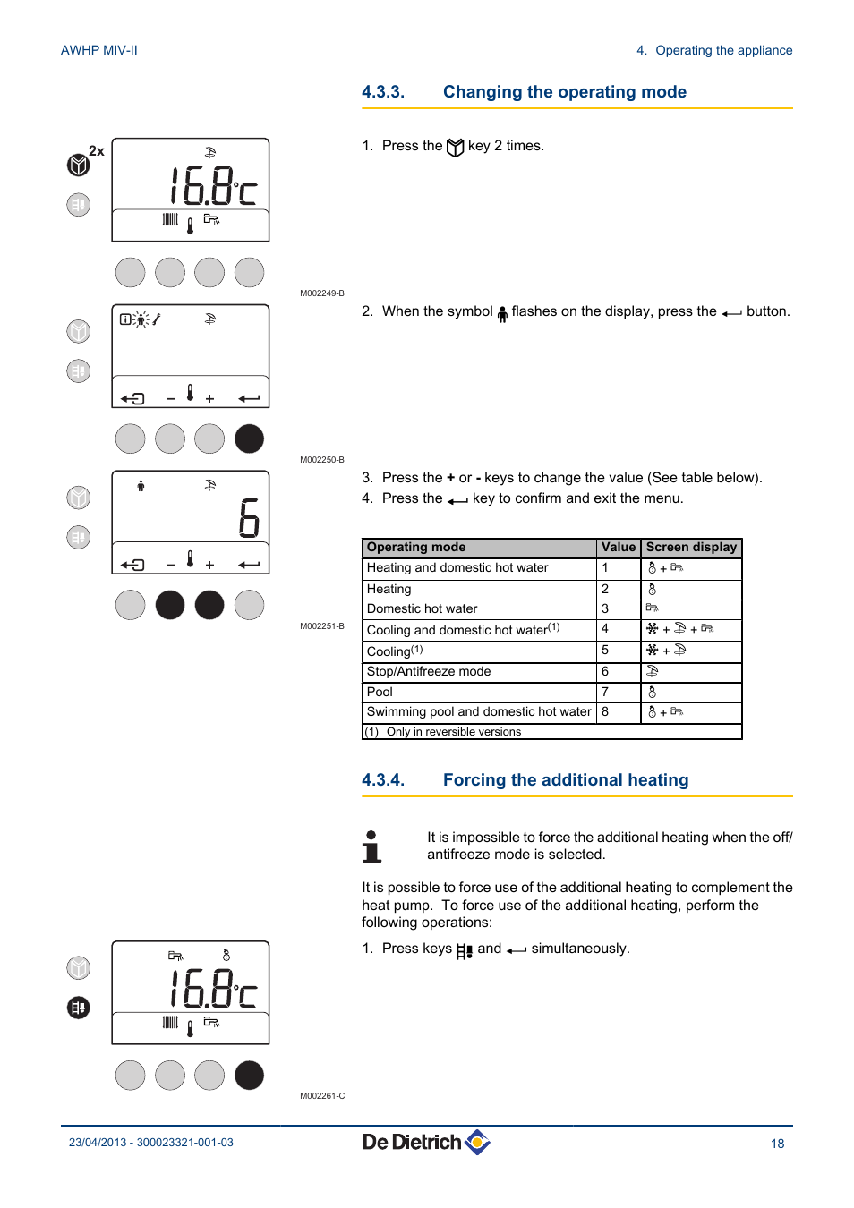 Changing the operating mode, Forcing the additional heating | DE DIETRICH ALEZIO AWHP MIV-II User Manual | Page 19 / 32