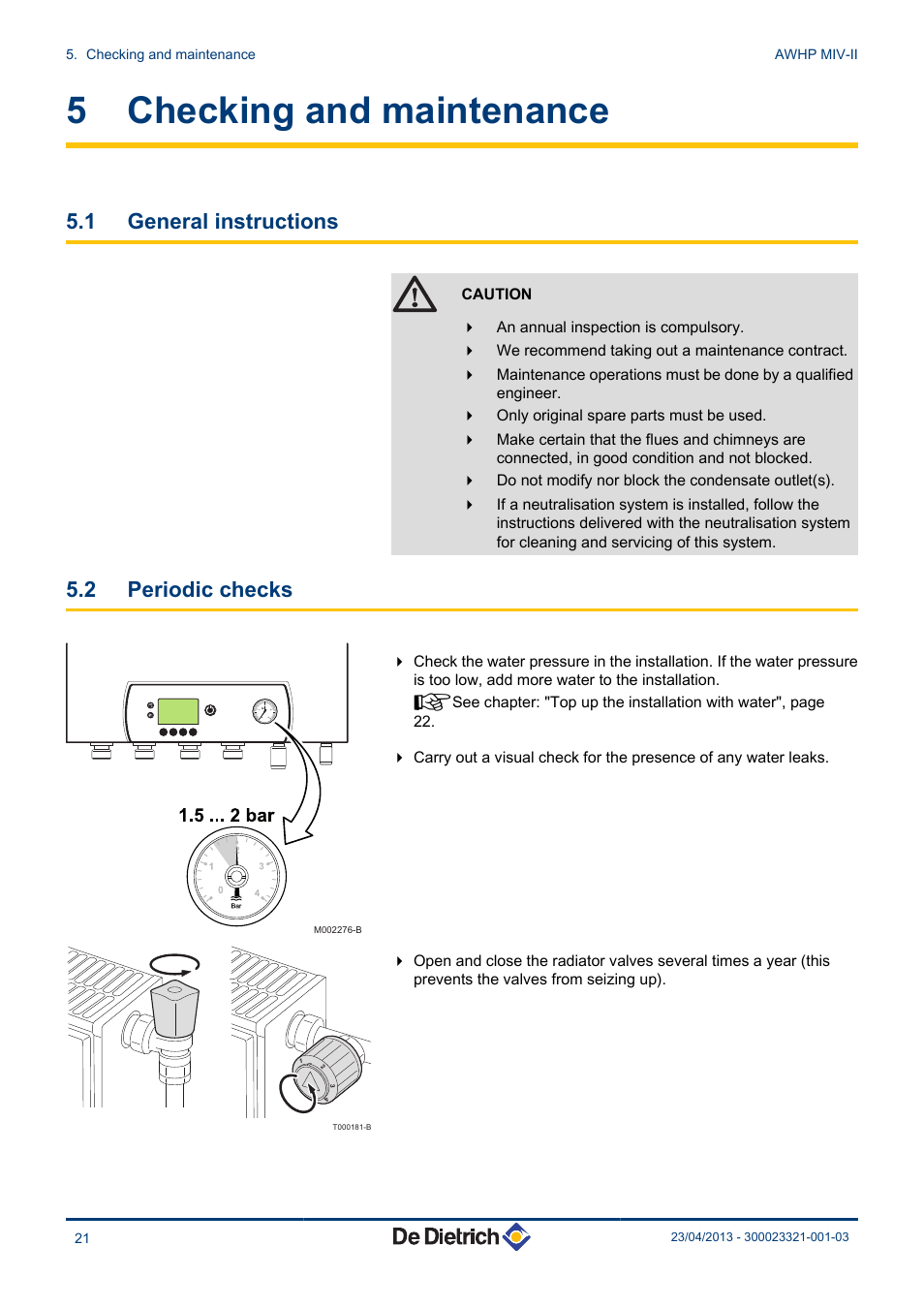 Checking and maintenance, General instructions, Periodic checks | 5 checking and maintenance, 1 general instructions, 2 periodic checks | DE DIETRICH ALEZIO AWHP MIV-II User Manual | Page 22 / 32