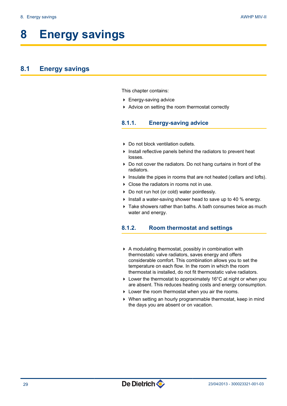 Energy savings, Energy-saving advice, Room thermostat and settings | 8 energy savings, 1 energy savings | DE DIETRICH ALEZIO AWHP MIV-II User Manual | Page 30 / 32