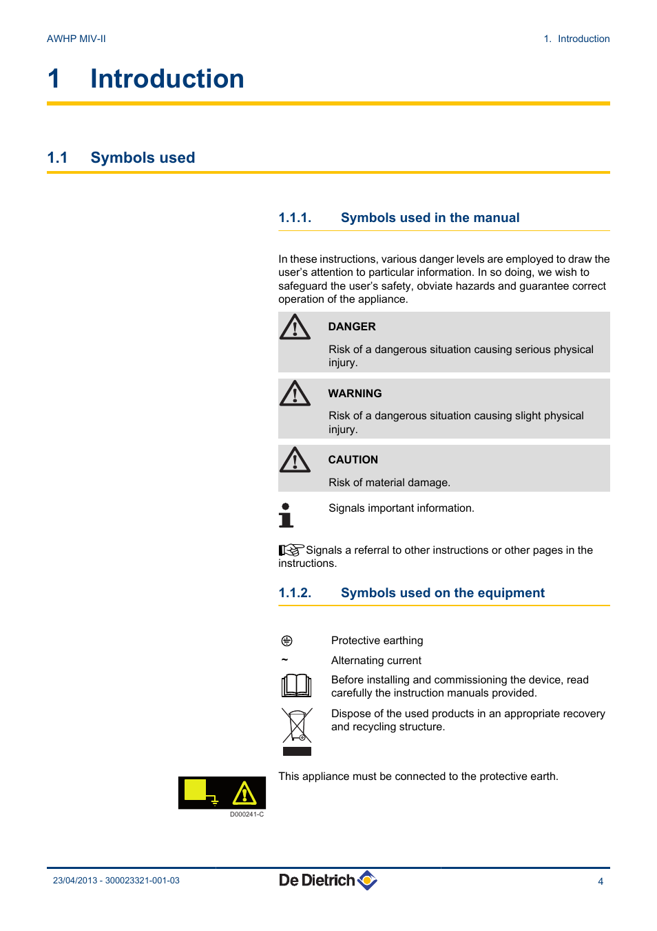 Introduction, Symbols used, Symbols used in the manual | Symbols used on the equipment, 1 introduction, 1 symbols used | DE DIETRICH ALEZIO AWHP MIV-II User Manual | Page 5 / 32