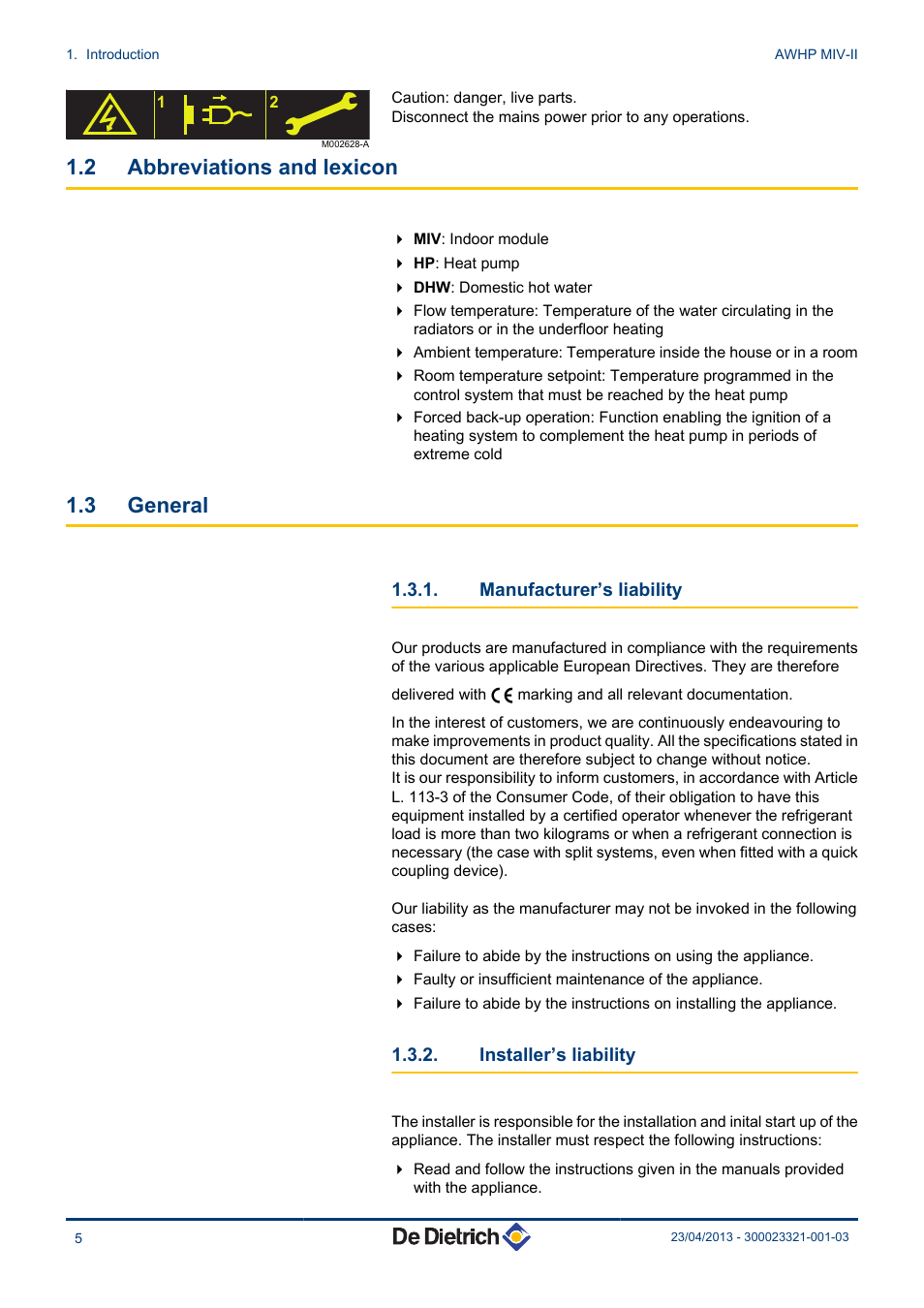 Abbreviations and lexicon, General, Manufacturer’s liability | Installer’s liability, 2 abbreviations and lexicon, 3 general | DE DIETRICH ALEZIO AWHP MIV-II User Manual | Page 6 / 32