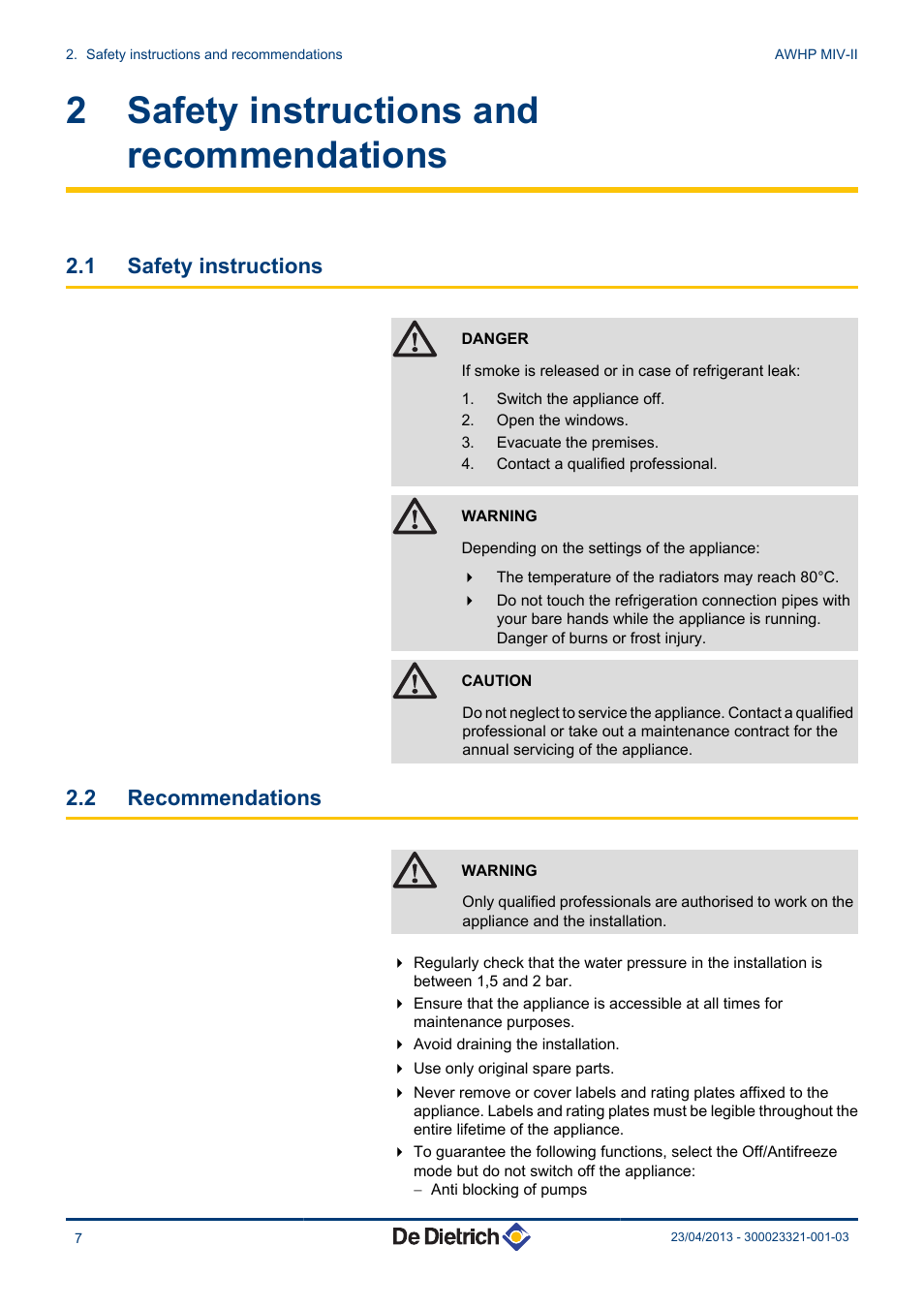 Safety instructions and recommendations, Safety instructions, Recommendations | 2 safety instructions and recommendations, 1 safety instructions, 2 recommendations | DE DIETRICH ALEZIO AWHP MIV-II User Manual | Page 8 / 32